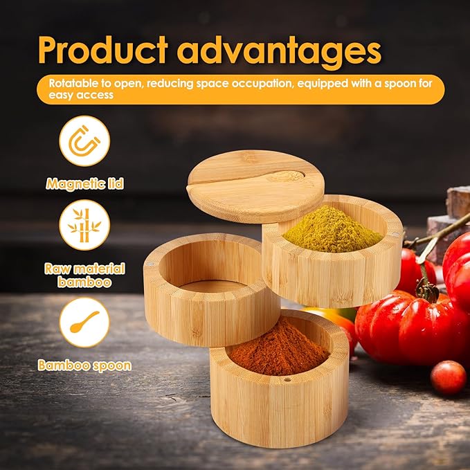 Bamboo Triple Salt Cellar, Salt Cellar with Magnetic Swivel Lid and Spoon, Salt and Pepper Bamboo Container, Large Capacity Salt Container for Sea Salt Coffee Seasoning