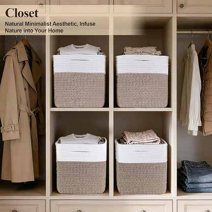 Cube Storage Bins 11 Inch Shelf Cotton Rope Baskets for Organizing, Woven Storage Basket - For Magazines, Living Room, Closet, White+brown 4 Pack