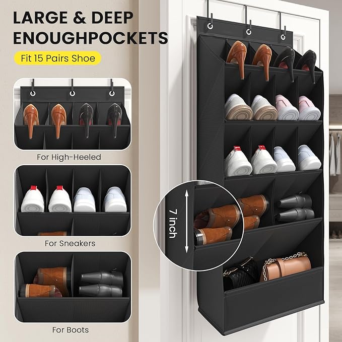 18 Pairs Over the Door Shoe Organizer, Shoe Rack for Closet Door with Large Breathable Pockets, Hanging Shoes Rack for Boots, Behind the Door Organizer Shoe Holder for Categorized Storage, Black