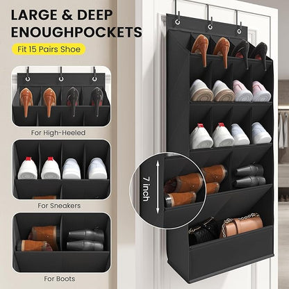 18 Pairs Over the Door Shoe Organizer, Shoe Rack for Closet Door with Large Breathable Pockets, Hanging Shoes Rack for Boots, Behind the Door Organizer Shoe Holder for Categorized Storage, Black