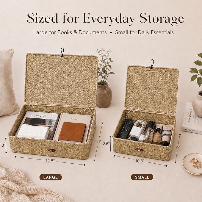 4 Pack, Wicker Baskets with Lids, Nautral Seagrass Storage Baskets, Woven Rectangular Basket Bins, Rattan Storage Organizer for Shelf (Natural, Set of 2)