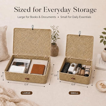 4 Pack, Wicker Baskets with Lids, Nautral Seagrass Storage Baskets, Woven Rectangular Basket Bins, Rattan Storage Organizer for Shelf (Natural, Set of 2)