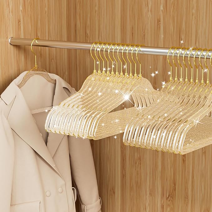 50 Pack Clear Plastic Hangers with Gold Glitter, Acrylic, Ultra Slim, Space Saving, for Coats, Pants, Suits, Shirts, Skirts, Dress Clothes
