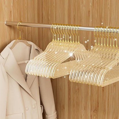 50 Pack Clear Plastic Hangers with Gold Glitter, Acrylic, Ultra Slim, Space Saving, for Coats, Pants, Suits, Shirts, Skirts, Dress Clothes