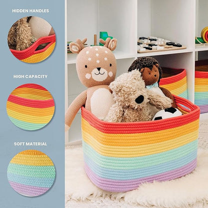 OrganiHaus Rainbow Cotton Rope Baskets for Shelves, Set of 3 - 15"×10"×9½" - Colorful Storage Baskets for Kids - Nursery, Playroom, Classroom - Toy Storage, Books, Towels
