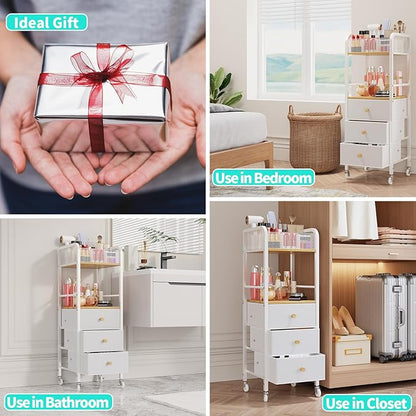 HapiRm Rolling Makeup Cart Organizer - Floor Skincare Make Up Storage with 3 Non-woven Fabric Drawers, Vanity Organizer Cosmetic Display Cases Holder for Skin Care Perfume Nail Polish Brush Hair Tool
