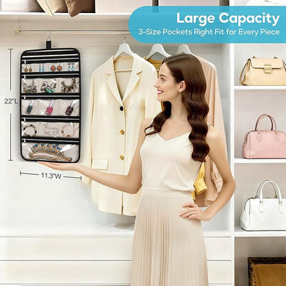 MISSLO Hanging Jewelry Organizer Travel Foldable Jewelry Roll Storage Case with 14 Cotton Zippered Pockets for Traveling, Closet, Suitcase