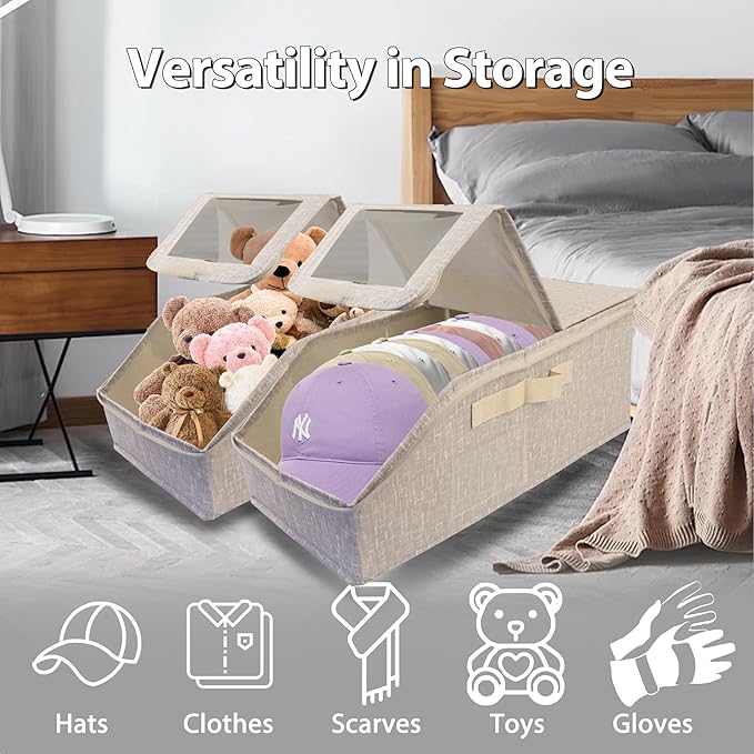Stackable Hat Storage for Baseball Caps, Holds up to 30 Caps with Cardboard, Hat Organizer for Women & Men, 2 PCS Hat Storage Boxes for Closet, Beige