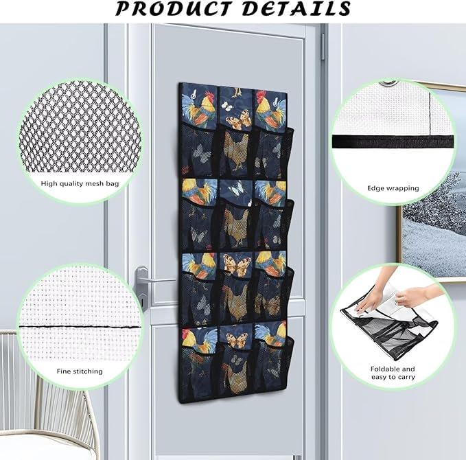 Over The Door Shoe Organizer, 12 Large Clear Mesh Pockets, Space Saving Hanging Storage Holder, Hangs On Closets for Shoes, Accessories,Roosters