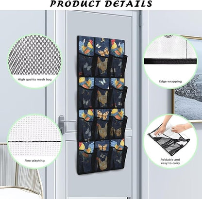 Over The Door Shoe Organizer, 12 Large Clear Mesh Pockets, Space Saving Hanging Storage Holder, Hangs On Closets for Shoes, Accessories,Roosters