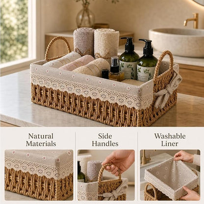 Wicker Storage Baskets with Handle and Liner, Set of 2 Small Paper Rope Woven Shelf Baskets for Organizing, Rectangular Boho Decorative Baskets for Gifts, Pantry, Table, Living Room, Kitchen