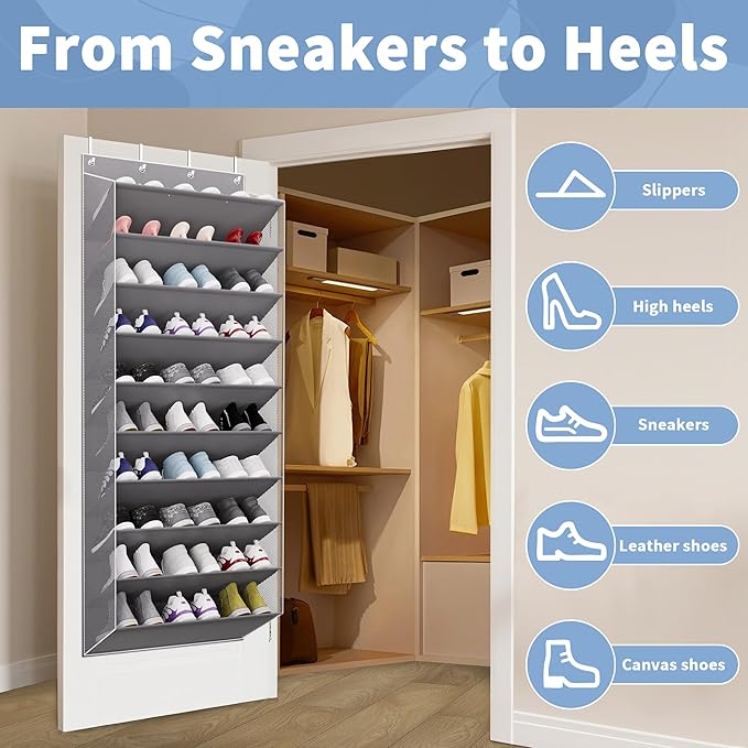 TAHAVICE 30 Pairs Over The Door Shoe Organizer, 10-Tier Hanging Shoe Rack with Deep Pocket for Closet, Extra Large Shoe Storage Holder for Sneakers, Boots, Heels(Grey)