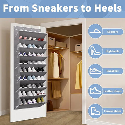 TAHAVICE 30 Pairs Over The Door Shoe Organizer, 10-Tier Hanging Shoe Rack with Deep Pocket for Closet, Extra Large Shoe Storage Holder for Sneakers, Boots, Heels(Grey)
