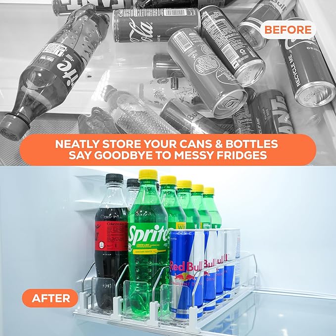 Upgraded Premium Drink Organizer for Fridge. Ultra Space Saving Soda Can Organizer for refrigerator with Larger Stopper Height and Automatic Pusher with Locking Feature. Holds 15 Cans (3 Rows, White)
