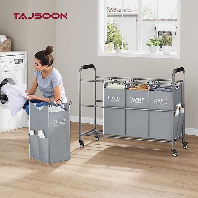 Tajsoon 4 Bag Laundry Sorter Cart, 4 Section Laundry Hamper Sorter with Heavy Duty Lockable Rolling Wheels, Laundry Separator Hamper with Removable Bags for Dirty Clothes Storage, Grey & White