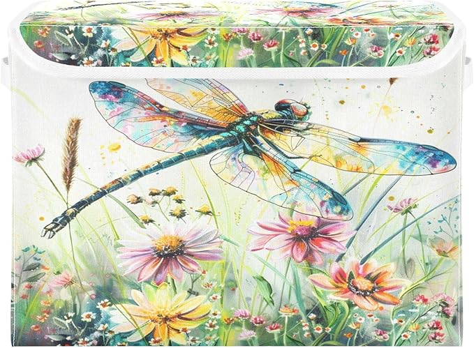 senya Baskets Collapsible Storage Bins with Lids, Dragonfly Wildflowers Painting Storage Boxes Clothes Baskets for Organizing