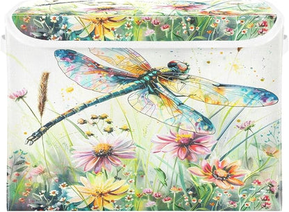 senya Baskets Collapsible Storage Bins with Lids, Dragonfly Wildflowers Painting Storage Boxes Clothes Baskets for Organizing