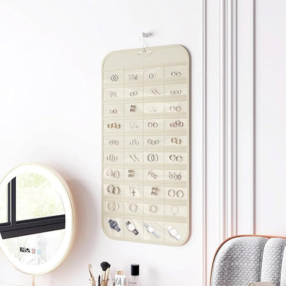 1 Pack Hanging Jewelry Organizer 80-Pocket Dual-sided Jewelry Storage for Earring Necklace Bracelet Ring Travel Holder, Beige