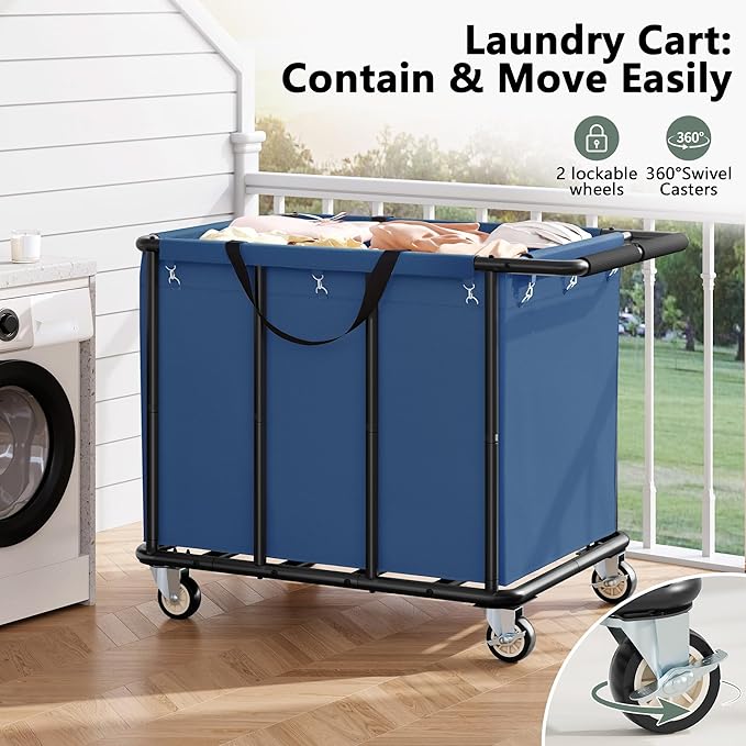 FAVOOSTY 470L Heavy Duty Commercial Laundry Cart with Wheels,Industrial Rolling Laundry Hamper, Extra Large Laundry Basket, Metal Frame for Hotel/Hospital/Home, 440lbs (Blue)