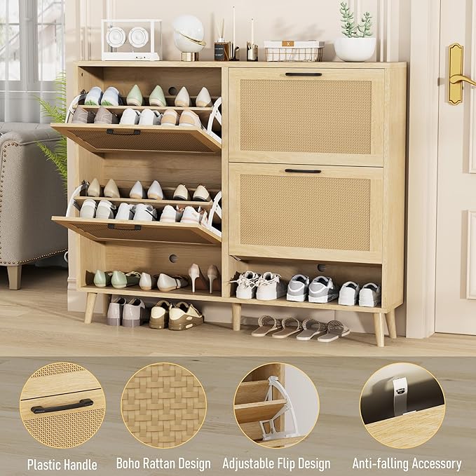 Gadroad Shoe Storage Cabinet with 4 Flip Drawers, Freestanding Shoe Organizer with Wood Legs, Farmhouse Rattan Shoe Rack for Entryway, Living Room, and Bedroom, Natural