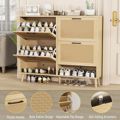 Gadroad Shoe Storage Cabinet with 4 Flip Drawers, Freestanding Shoe Organizer with Wood Legs, Farmhouse Rattan Shoe Rack for Entryway, Living Room, and Bedroom, Natural