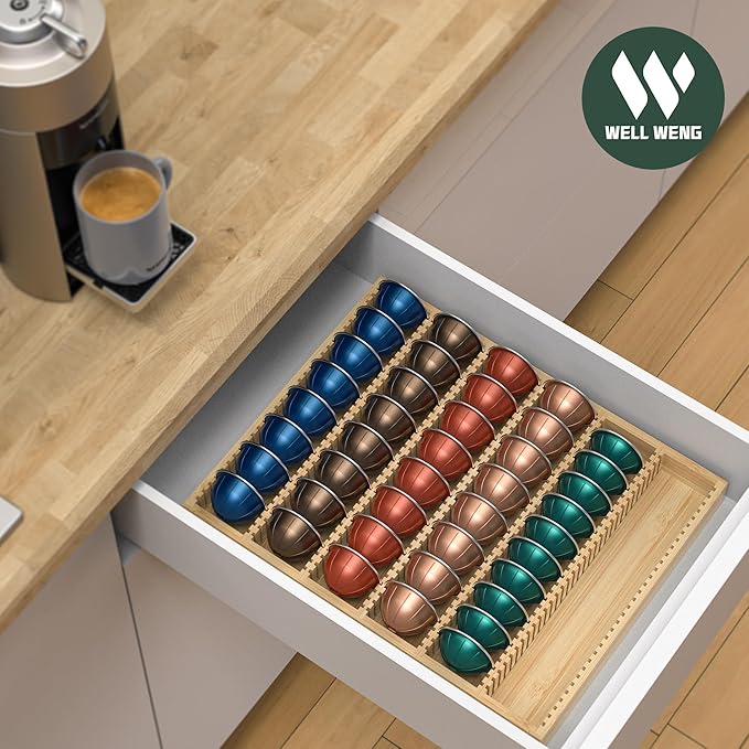 for Nespresso Vertuo Capsules - Premium Bamboo Coffee Pod Drawer Insert Organizer for Counter (48 Big or 60 Small Pods)-14.84" Wx11.81" Dx1.54" H