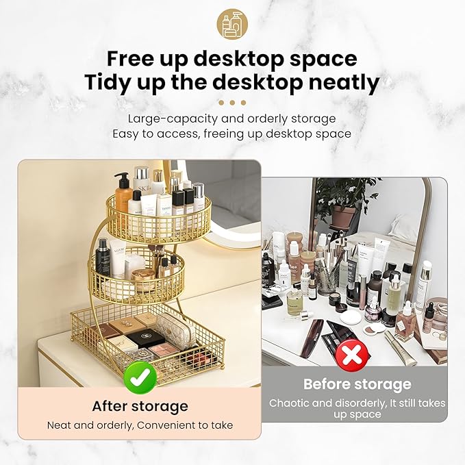 BCWW 3 Tiers Makeup Organizer Countertop Multi Bathroom Counter Organizer Metal Fruit Basket Perfume Skincare Organizers Holder for Vanities, Cabinet, Cosmetic, Dresser Organizer (Gold)