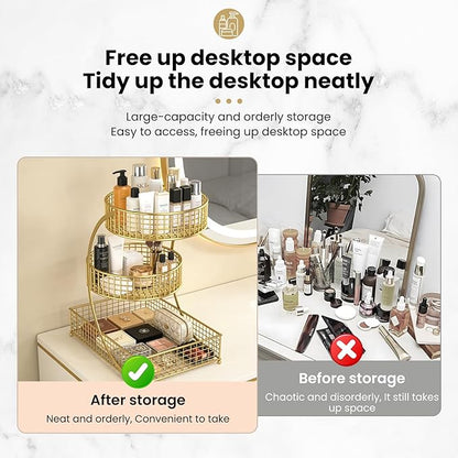 BCWW 3 Tiers Makeup Organizer Countertop Multi Bathroom Counter Organizer Metal Fruit Basket Perfume Skincare Organizers Holder for Vanities, Cabinet, Cosmetic, Dresser Organizer (Gold)