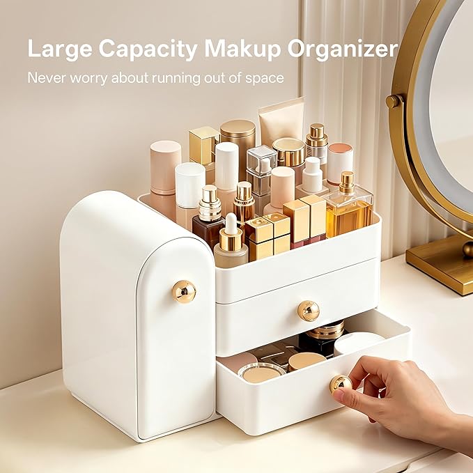 HBlife Makeup Organizer Countertop with Drawers, Vanity Organizers with Brush Holder, Bathroom Counter Organizer for Perfume, Nail Polishes, Lipsticks, Skincare and Eyeshadow Palettes, All White