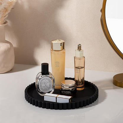 Round Bathroom Tray Silicone Kitchen Counter Decor Vanity Organizer Decorative Coffee Table Tray for Perfume, Candle, Soap Dish, 9 Inch, Black
