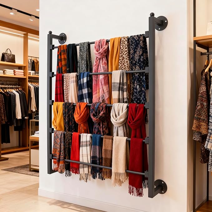 5 Tier Wall Mount Tie Rack Scarf Display Belt Pants Hangers Scarves Hijab Stand, Ribbon Organizer Holder Wrapping Paper Spool Storage Towel Rack for Retail Store,Home,Craft Room,Florist