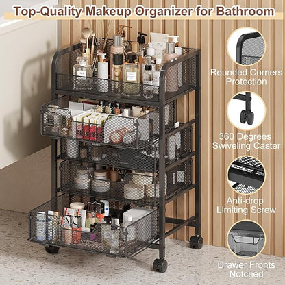 Hongtamoya Makeup Cart Organizer with 4 Drawers, Vanity Storage Organizer, Large Floor Skincare Organizers Cosmetics Display Cases for Skin Care Perfume Nail Polish, Black
