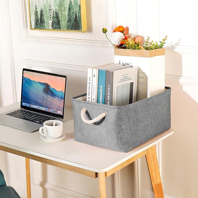 Storage Bins with Sturdy Cotton Handles(1 Pack), Fabric Storage Baskets for Organizing use for Office & Home, Book, Clothes, Toys, Closet Boxes (Large, Grey, 15.7x11.8x7.9 inches)