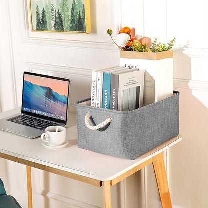 Storage Bins with Sturdy Cotton Handles(1 Pack), Fabric Storage Baskets for Organizing use for Office & Home, Book, Clothes, Toys, Closet Boxes (Small, Grey, 12.2x8.3x6.3 inches)