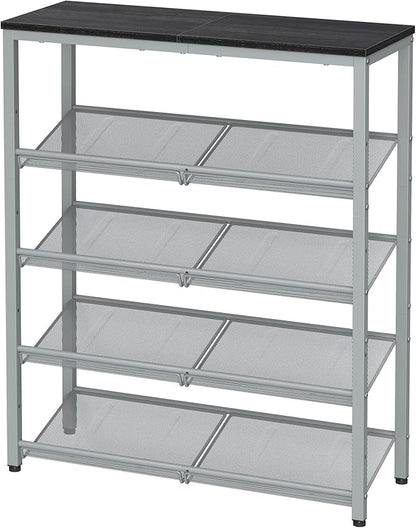 SONGMICS HOME 5 Tier Shoe Storage Organizer, Freestanding Shoe Rack, Dense Mesh, for Living Room, Bedroom, Entryway, Gray and Silver