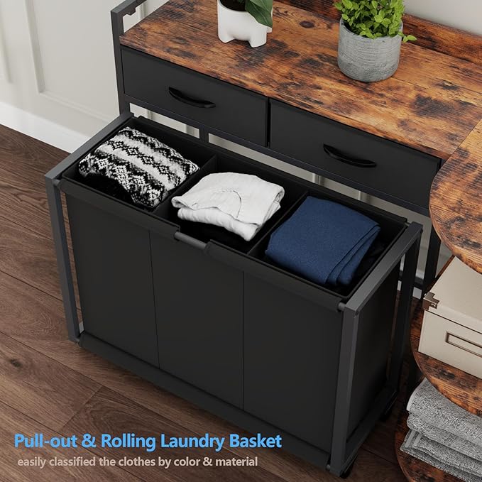 STIKELY L Shaped Laundry Hamper Laundry Basket with 3 Section Pull-Out Rolling Bags & 3-Tier Storage Shelf, Laundry Sorter for Organization and Storage with 2 Drawers for Laundry Room
