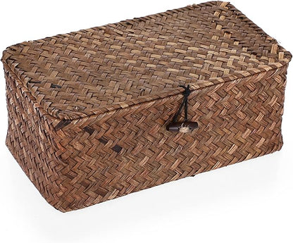 Hipiwe Wicker Shelf Baskets Bin with Lid, Handwoven Seagrass Basket Storage Bins Rectangular Household Basket Boxes for Shelf Wardrobe Home Organizer, Coffee X-Small