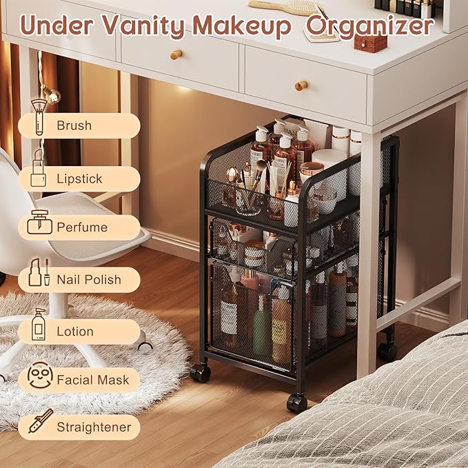 Hongtamoya Rolling Makeup Cart Organizer with 2 Drawers, Narrow Floor Skincare Organizers, Vanity Organizer Cosmetics Display Cases Holder for Skin Care Nail Polish Perfume Makeup Brush, Black
