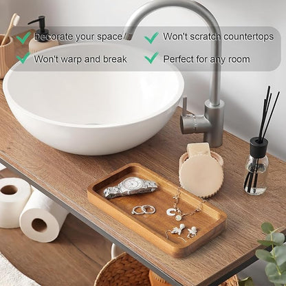 ALELION 8" Acacia Wood Bathroom Vanity Tray for Counter - Dresser Top Tray for Perfume Jewelry Candle Key Catchall - Small Kitchen Countertop Organizer for Soap Dispenser and Sponge Holder