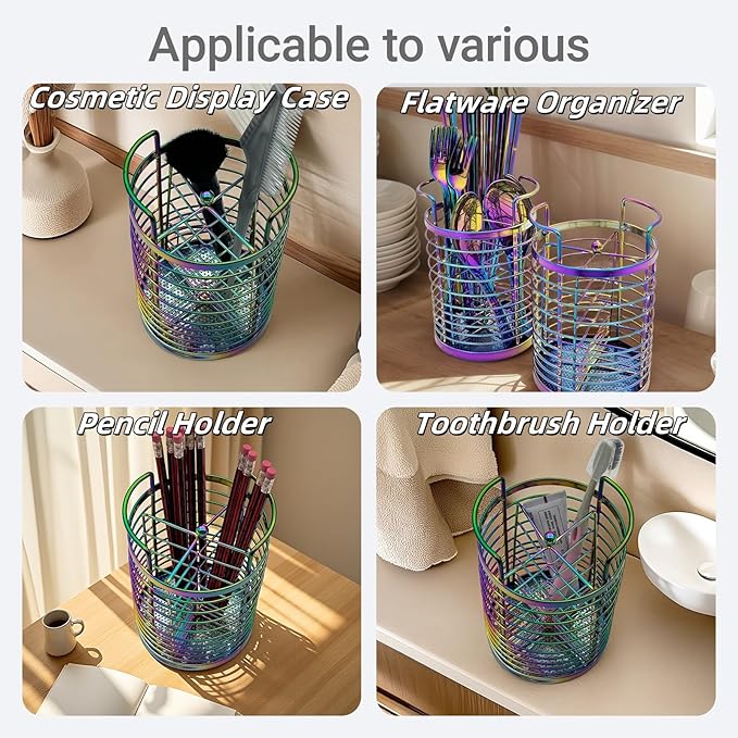 Rainbow Makeup Brush Holder Organizer, 4 Slot Make up Brushes Cup for Cosmetics, Nail Polish, Art Supply, Bathroom Vanity Desktop Organizer, Mesh Storage Caddy Baskets for Holding Knife Fork Spoon