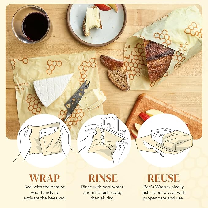 Bee's Wrap Beeswax Wraps for Food - 3 Pack of Large Beeswax Wraps - Plastic Free Made in USA Reusable Natural Food Wrap - Honeycomb Print