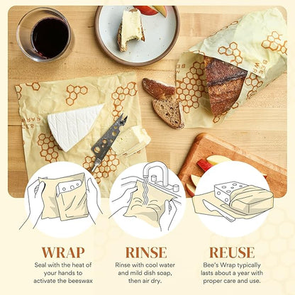 Bee's Wrap Beeswax Wraps for Food - 3 Pack of Large Beeswax Wraps - Plastic Free Made in USA Reusable Natural Food Wrap - Honeycomb Print
