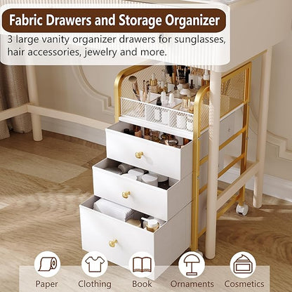 Rolling Makeup Organizer Cart with 3 Drawers, Under Desk Vanity Makeup Storage Cart, Bathroom Storage Cart Cosmetic Display Cases Cabinet for Nail Polish, Brushes & Hair Tools, Gold