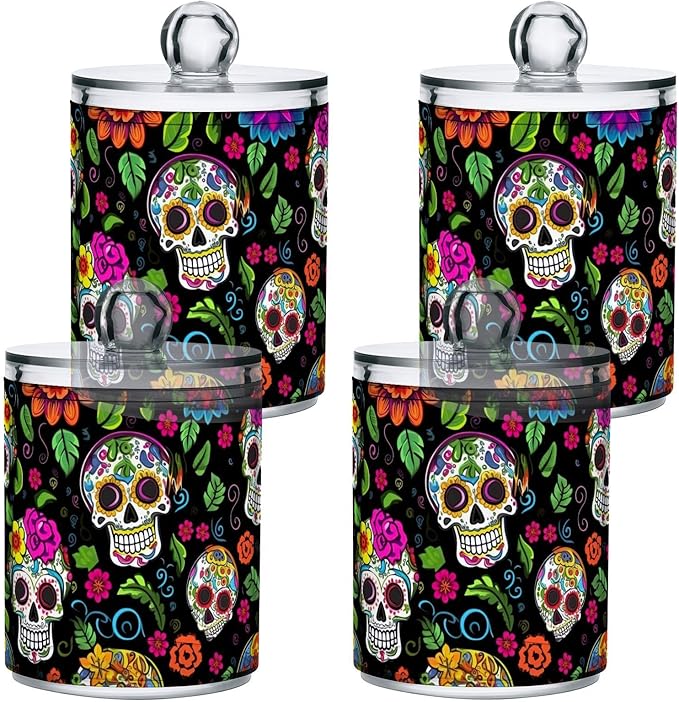 2 Pack Apothecary Jars Bathroom Colorful Dead Skulls Qtip Holder Dispenser Clear Plastic Storage Canister Jar with Lid for Cotton Ball, Cotton Swab