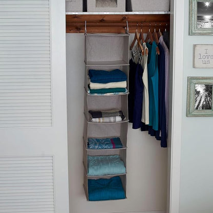 Household Essentials 6 Shelf Hanging Closet Organizer, Hanging Closet Shelf, Fabric Poly Linen and PEVA Shelving