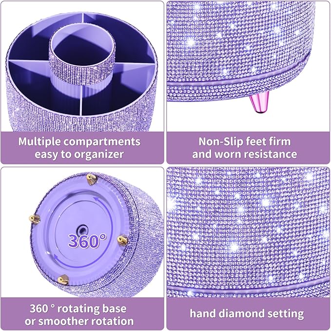fanado Bling Diamond Makeup Brush Holder, 360° Rotating Makeup Organizer, 5 Slot Make up Brushes Cup for Countertop, Storage for Cosmetics Pen Eyeliner Skincare on the Vanity (Diamond Purple)