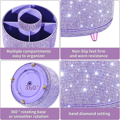 fanado Bling Diamond Makeup Brush Holder, 360° Rotating Makeup Organizer, 5 Slot Make up Brushes Cup for Countertop, Storage for Cosmetics Pen Eyeliner Skincare on the Vanity (Diamond Purple)