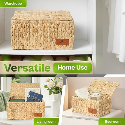 Storage Baskets with Lids, Set of 3 Wicker Baskets with Lids, Water Hyacinth Storage Basket with Lid, Decorative Woven Storage Baskets for Closet, Shelf & Home Organization