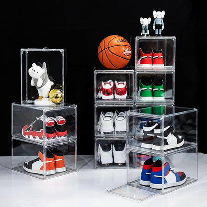 12 Pack Shoe Boxes, Clear Acrylic Stackable Plastic Sneaker Box Container, Magnetic Drop & Side Open Shoe Organizer Case Container With Lids Fits Up to Size 14 (Clear)