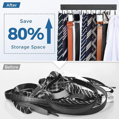 Belt Hanger Wall Mounted, Wooden Belt Organizer Max 12 Storage Capacity, 180° Rotating Space Saving Hangers for Ties, Tank Tops, Scarves, Bras, Keys, Bags 1 Pcs Black